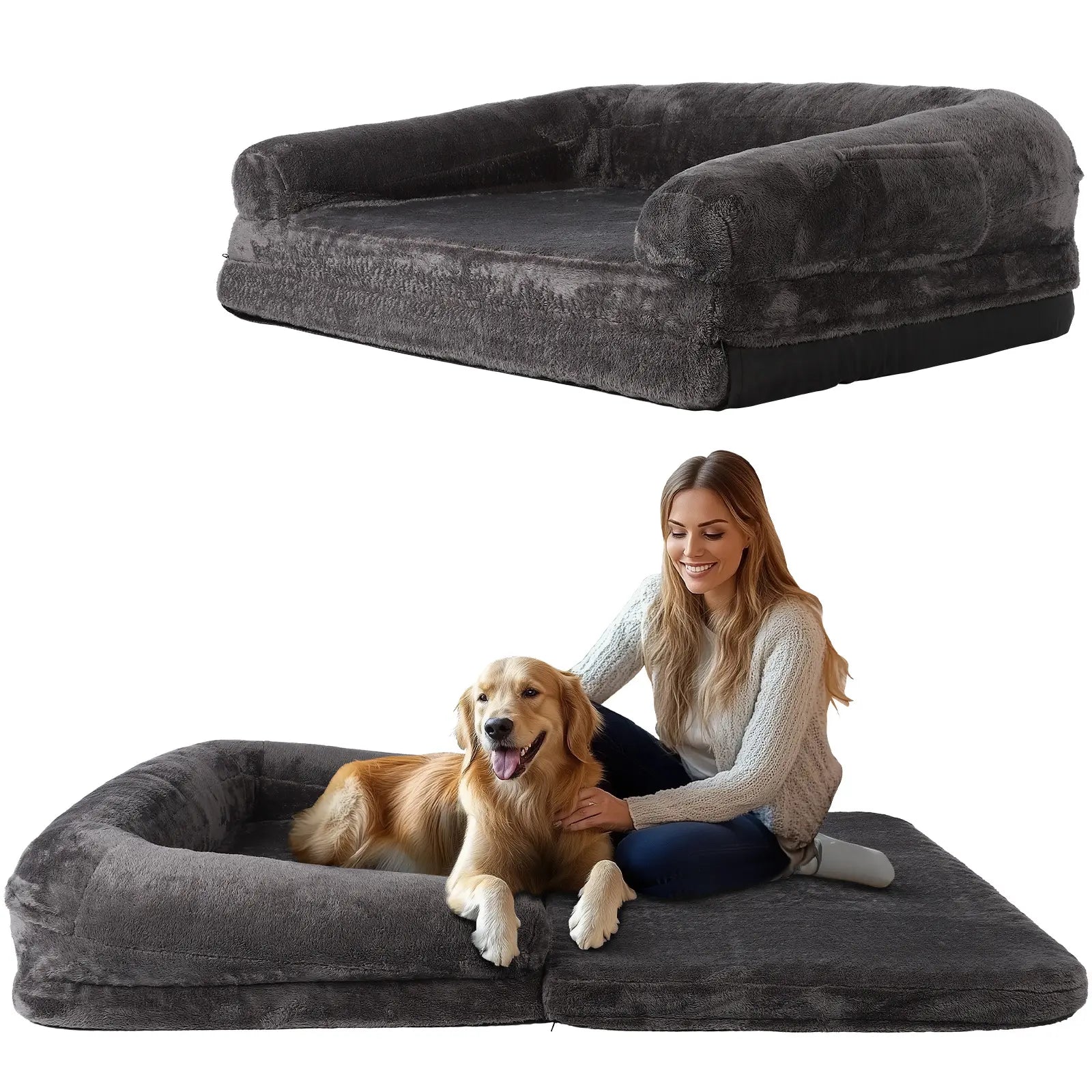 Foldable Human Dog Bed,Orthopedic Memory Foam Human Sized Dog Bed,Human and Dog Massage Chair Massage Bed,2 in 1 Calming Human Size with Egg Foam Supportive Mat and Waterproof Liner,Storage Pocket (75”X45”X10”) Portable Pad