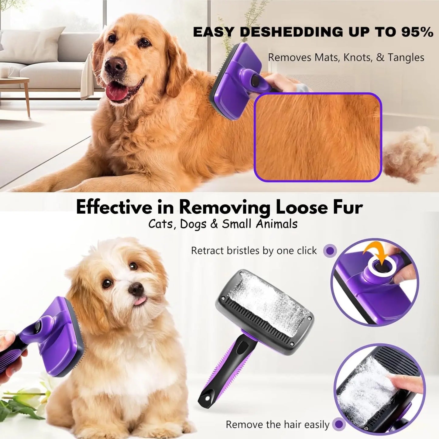 Self-Cleaning Pet Grooming Brush, Slicker Retractable Brush for Dogs & Cats Shedding, Detangling, & Fur Removal with Click Clean Button