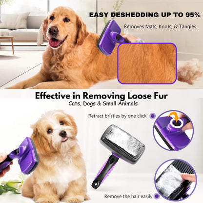 Self-Cleaning Pet Grooming Brush, Slicker Retractable Brush for Dogs & Cats Shedding, Detangling, & Fur Removal with Click Clean Button